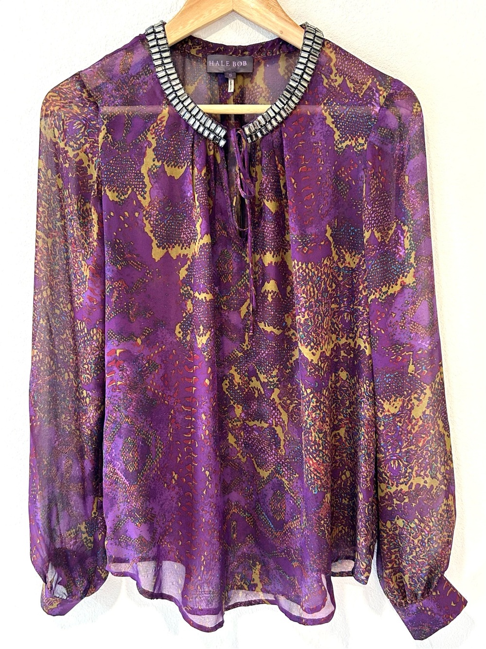 Hale Bob 100% Silk Rhinestone Boho Sheer Overlay Tunic Blouse Luxury Designer S